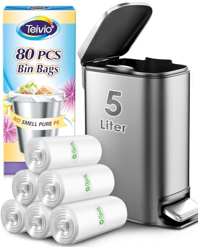 Teivio Small Clear Trash Bags, 1.2 Gallon Garbage Liners (80 Count)