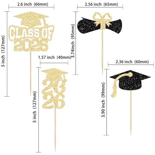 Ephlyn 36Pcs Class of 2026 Gold Glitter Graduation Cupcake Toppers
