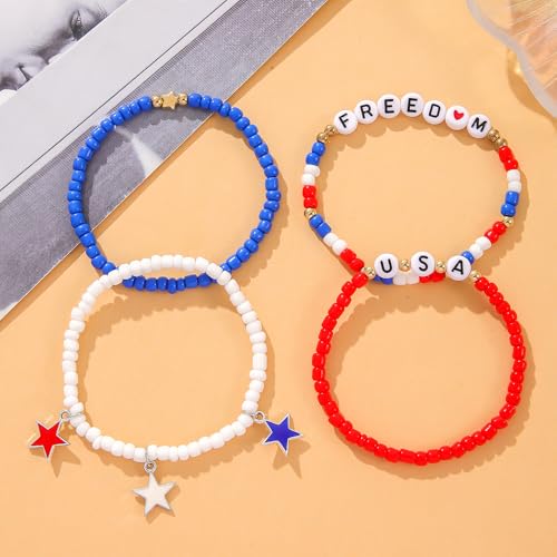 4th of July Beaded Bracelets for Men & Women - Patriotic Red, White & Blue Stackable Bangles