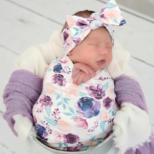 Terriboo Newborn Baby Swaddle Blanket Set with Headband, Purple Floral