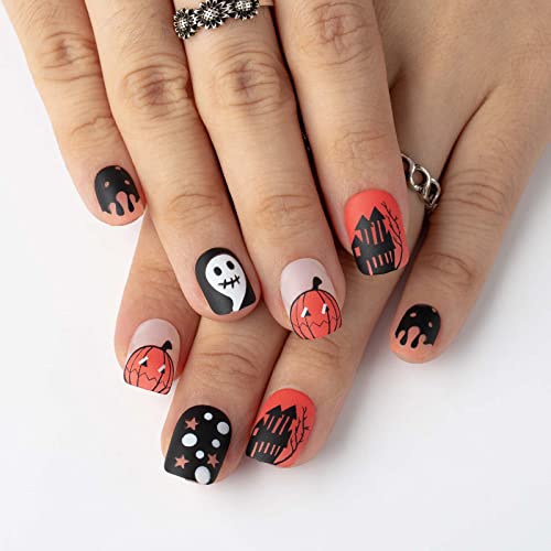 Acenail Matte Orange & Black Skull Press on Nails Halloween Acrylic False Nails 24Pcs