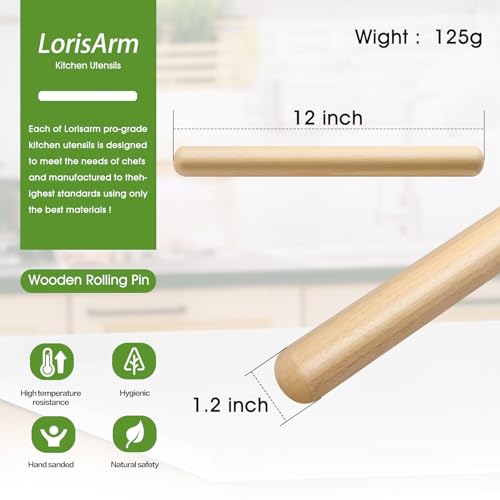 LorisArm 12-inch French Beech Wood Rolling Pin for Baking Dough and Pastry