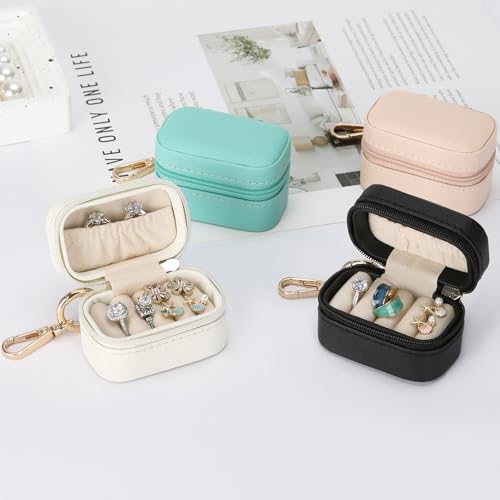 KUKUVR Small Travel Ring and Earring Box with Keychain - White