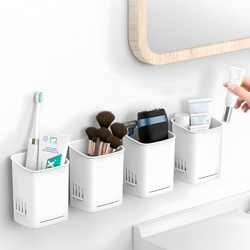 Wall-Mounted Toothbrush Holder Cup - White, Drill-Free, Removable