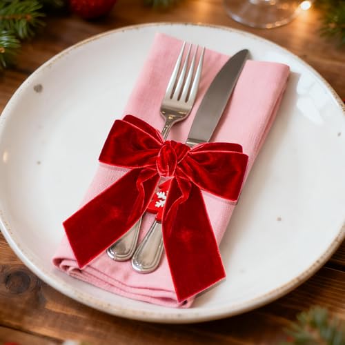 Red Velvet Christmas Napkin Rings Set of 6 - Holiday Dinner Table Decor