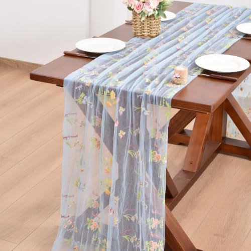 Blue Butterfly Floral Table Runner for Garden Party and Home Decor - 28x120 Inches