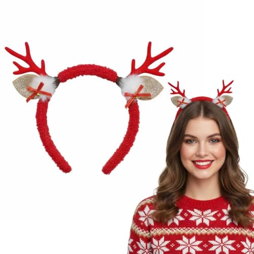 Tisbonsy Reindeer Antlers Headband with White Pom Poms & Red Bows