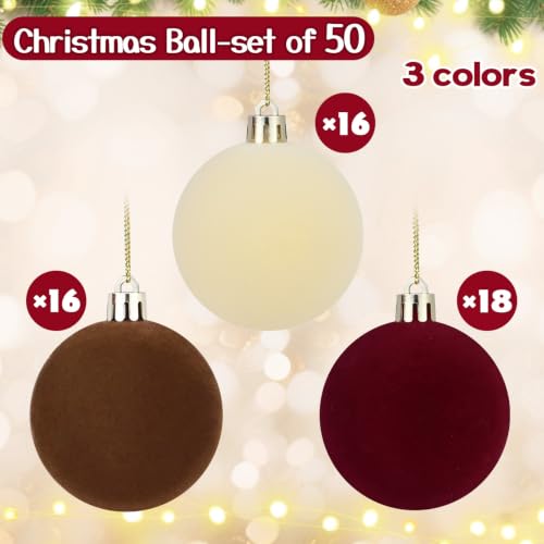 50 Pcs Velvet Christmas Ornaments Balls - Burgundy, Brown, Beige, 2.36 Inch - Holiday Decor