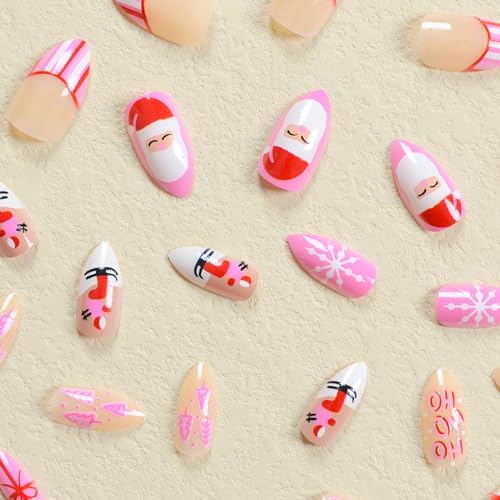 SWEKKE Christmas Press on Nails Short Almond Winter Fake Nails Glossy