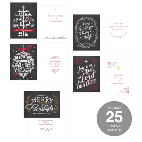 Celebrate the Season Chalkboard Christmas Greeting Cards Set - 25 Assorted Holiday Designs with Envelopes