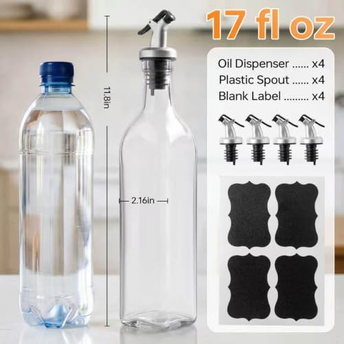 4-Pack 17oz Glass Oil & Vinegar Dispenser Set with Leakproof Spouts & Labels