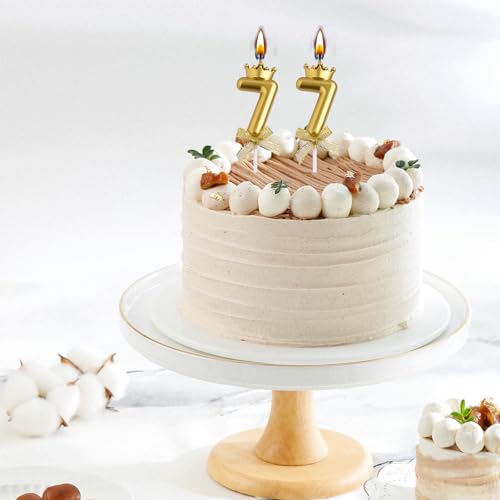 77th Birthday Candle Set - Elegant Smokeless Gold Crown Cake Topper