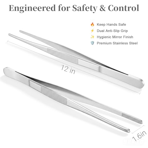 12-Inch Stainless Steel Kitchen Tongs & Tweezers for Grilling