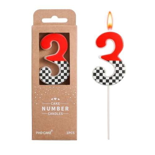 PHD CAKE Racing Stripes Number 3 Birthday Candle 2.76 Inch Red, Black & White