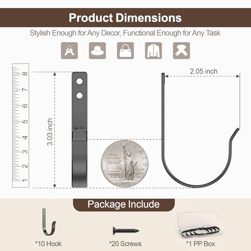 10 Pack Extra Large Black Metal Wall Hooks for Coats & Towels