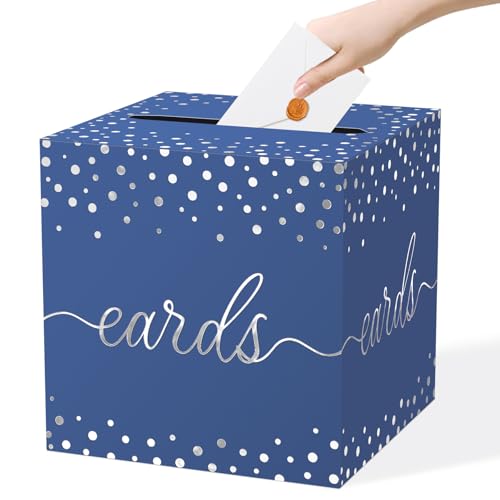 QISOLIY Navy Blue Card Box with Silver Foil Dots 8.7 Inch Gift Holder