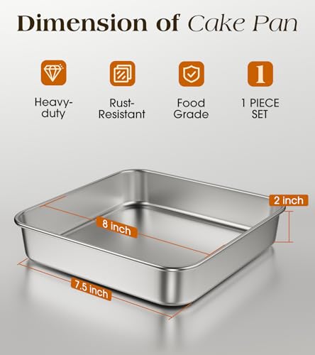 Yuiicaov 8x8-Inch Stainless Steel Square Baking Pan - Heavy Duty Cake Pan