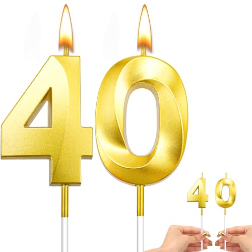 Karyllena 40th Birthday Candles - Gold Number Cake Topper, 2 Pcs