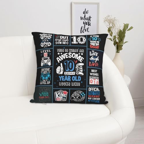 10th Birthday Gift for Boy 18x18 Inch Throw Pillow Cover, Black Design