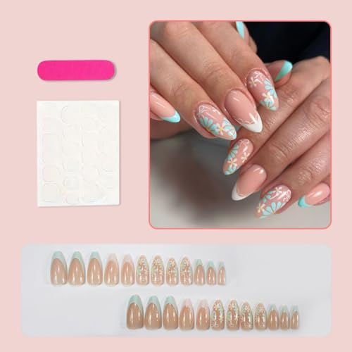 Green French Tip Press On Nails Medium Almond Floral Fake Nails