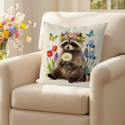 GAGEC Raccoon Pillow Cover 18x18 Inch Spring Decor