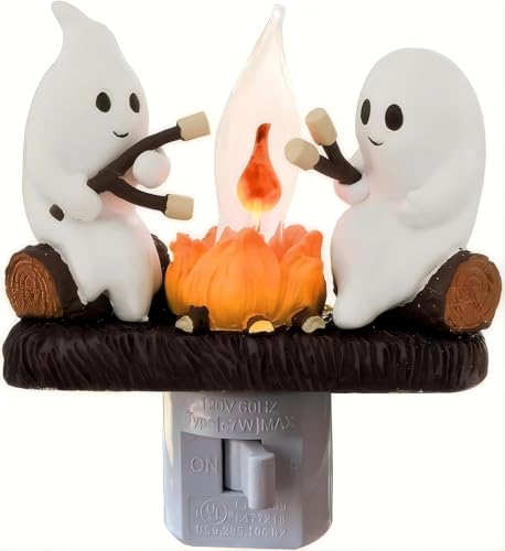 Ghosts Roasting Marshmallows Night Light with Flickering Flame - Halloween Plug-In Lamp - Snowman Christmas Tree Variation