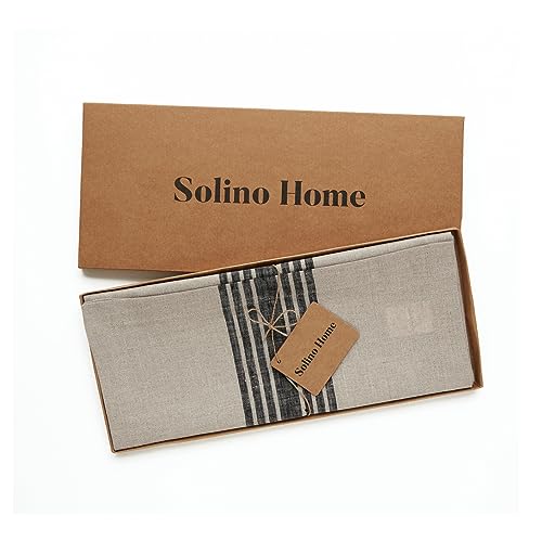 Solino Home 100% Linen Table Runner Black & Natural 14 x 144 Inches - Farmhouse Decor