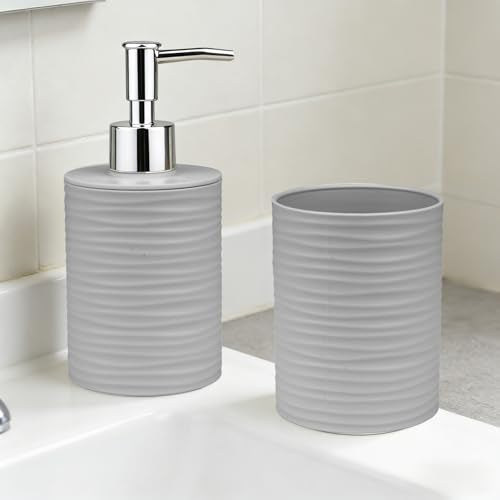 Gray Bathroom Set with Ripple Texture Soap Dispenser & Toothbrush Holder