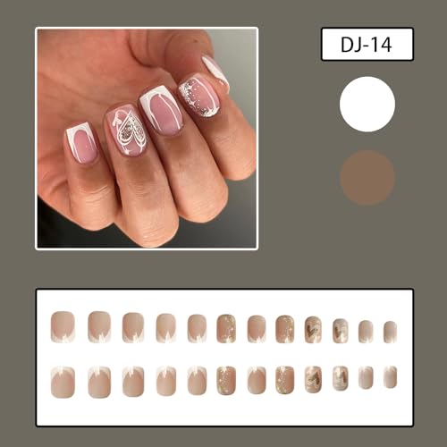 Valentine's Day Short Square Press on Nails with Gold Foil Heart Design
