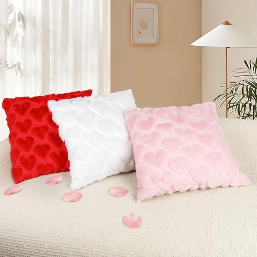 JoraLion 18x18 Plush Heart Throw Pillow Covers - Set of 2, Pink