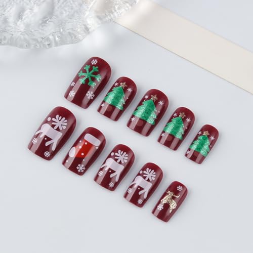 KTAABTR Christmas Press on Nails Short Square Winter Dark Red Fake Nails