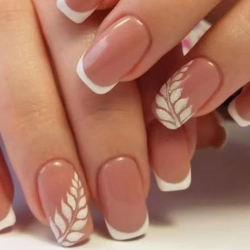 White French Tip Press On Nails Medium Square Fake Acrylic Nails Kit 24 Pcs