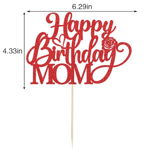 Red Glitter Happy Birthday Mom Cake Topper - Mother's Day Decor