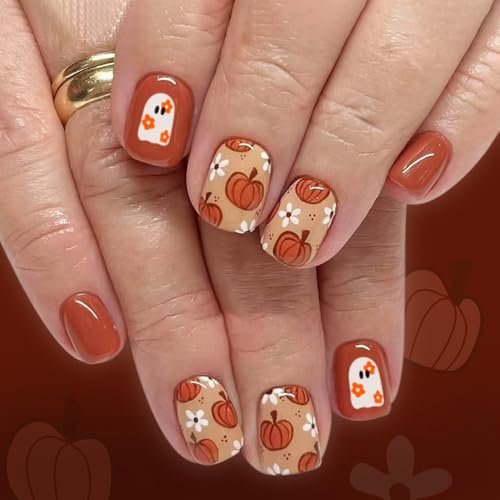Tyemp Halloween Short Square Press On Nails Pumpkin Ghost False Acrylic Nails