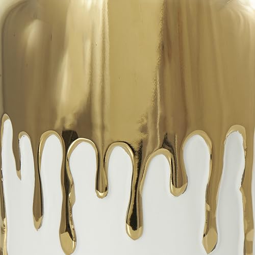 CosmoLiving by Cosmopolitan Ceramic Decorative Vase Centerpiece Vase with Abstract Gold Melting Drips, Flower Vase for Home Decoration 5" x 5" x 14", White
