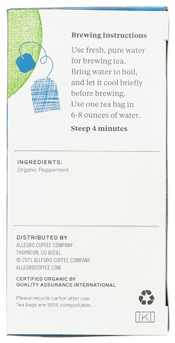 Allegro Organic Northwest Peppermint Herbal Tea Bags, 20 Count