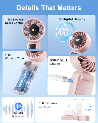 KinYiLO Portable Handheld Fan - 3-in-1 Rechargeable Cooling with 100 Speeds, 4000mAh Battery, Perfect for Outdoor & Travel (Pink)