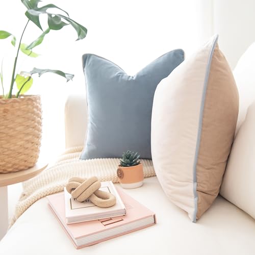 Monday Moose Velvet Throw Pillow Covers 16x16, Set of 2 Beige & Light Blue