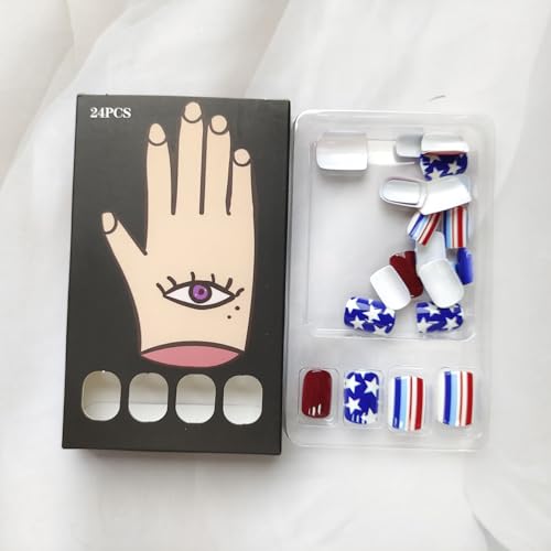 Short Press on Nails Independence Day Square Glossy Red Blue Acrylic