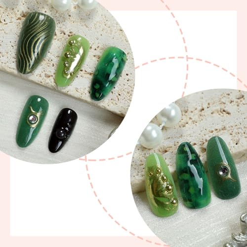 Green Press on Nails Medium Almond Fake Nails with Rhinestones 24 Pcs