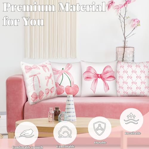 Pink Bow Throw Pillow Covers 18x18, Classic Style - 4 Pack