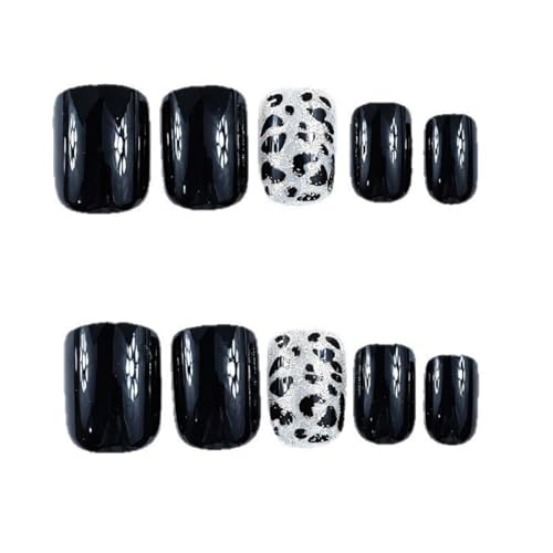 Black Press on Nails Short Square False Nails with White Glitter and Leopard Print