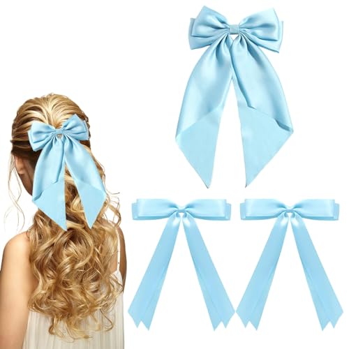 LYDZTION Satin Hair Bow Clip Set with Tassel Ribbons - Blue