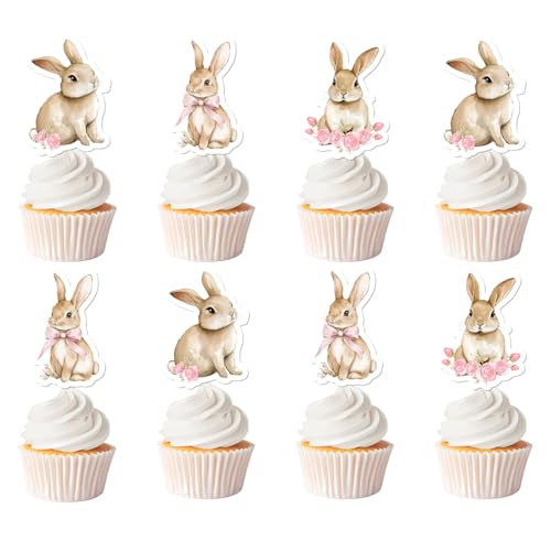 36 Pcs Bunny Cupcake Toppers with Pink Bow - Floral Rabbit Theme Decorations