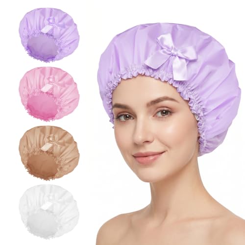 CHFONG Reusable Waterproof Shower Caps for Women, 4-Pack Large Bath Caps