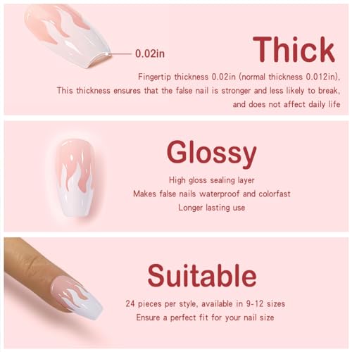 Yivaiks White Flame Press On Nails Medium Length Acrylic Fake Nails Kit