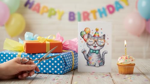 Rainbow Cat Birthday Card - Kawaii Greeting Card for Cat Lovers