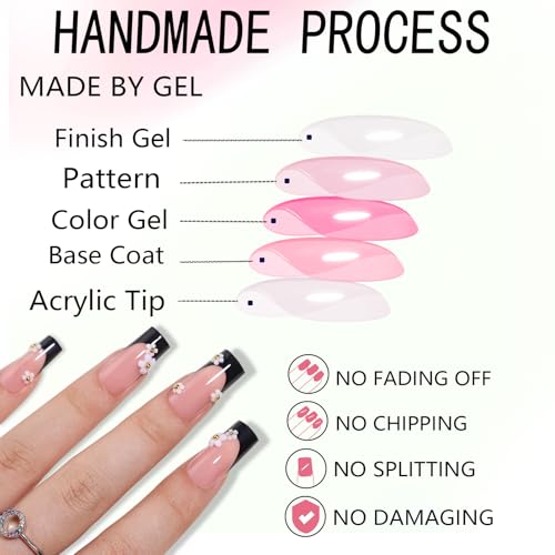 Black French Tip Press On Nails Long Square Fake Nails Kit with Flowers