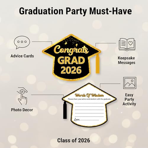 50 Graduation Advice Cards - Black & Gold Cap Shaped 2026