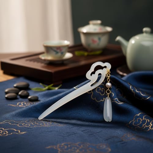 Chinese Acetate Jade Hair Stick with Tassel Flower Pendant